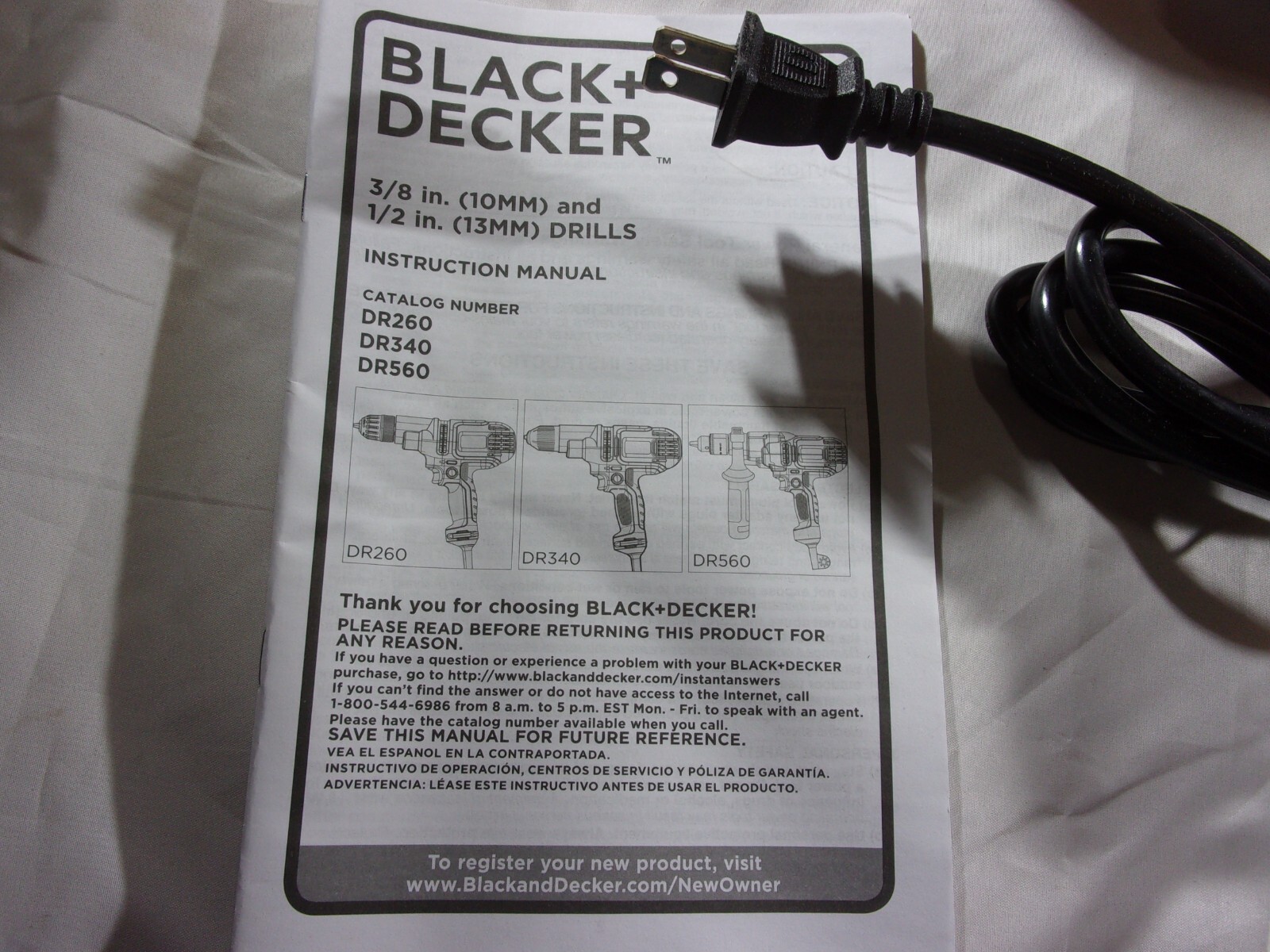 NEW BLACK & DECKER 5.5AMP. 3/8&Prime; CORDED DRILL # DR260C