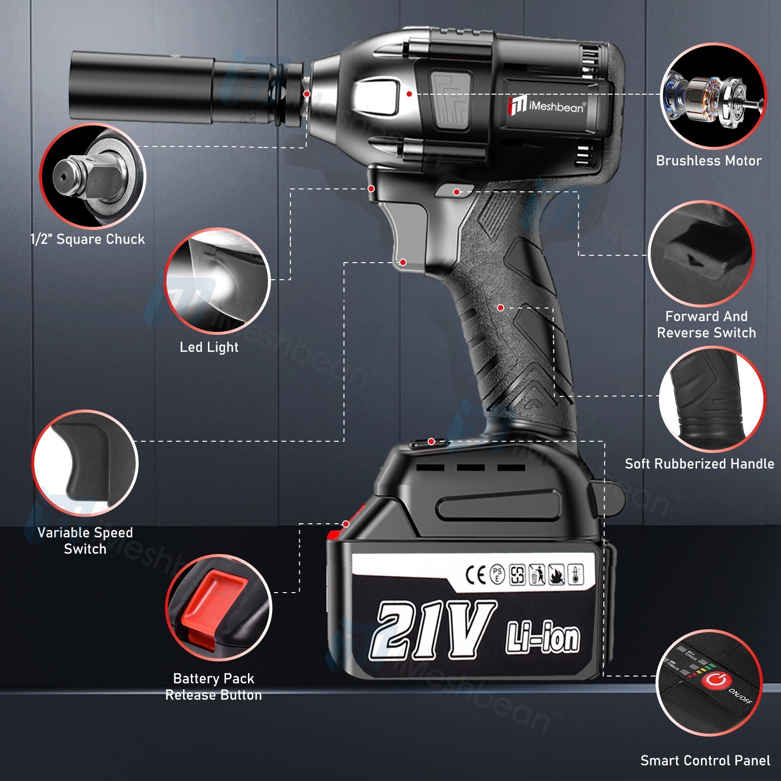 21V Cordless Electric Impact Wrench Drill Gun 1/2 » High Power Driver 800N.m
