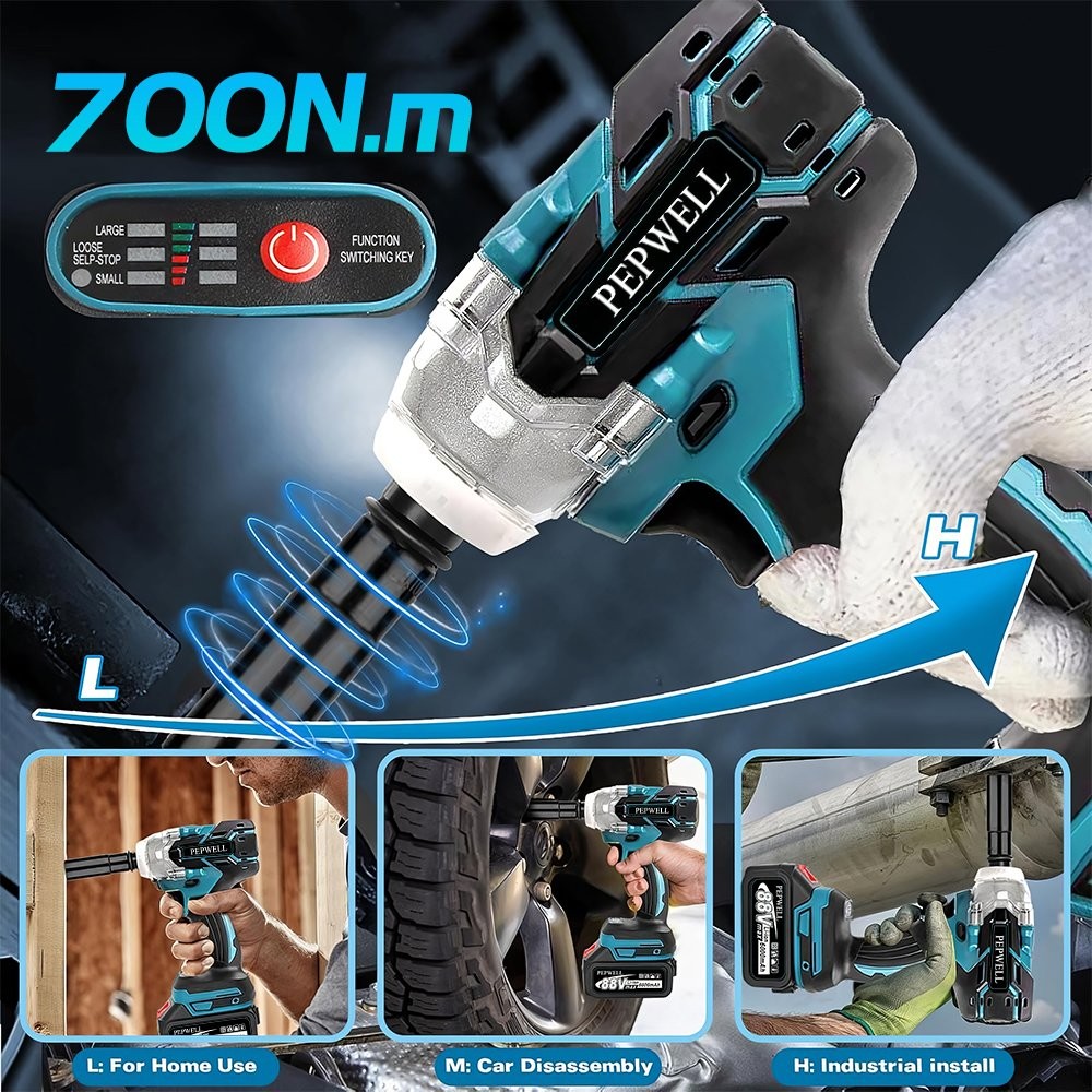 700N.M 1/2&Prime; Brushless Cordless Electric Impact Wrench Drill 21V & 2x6A Batteries