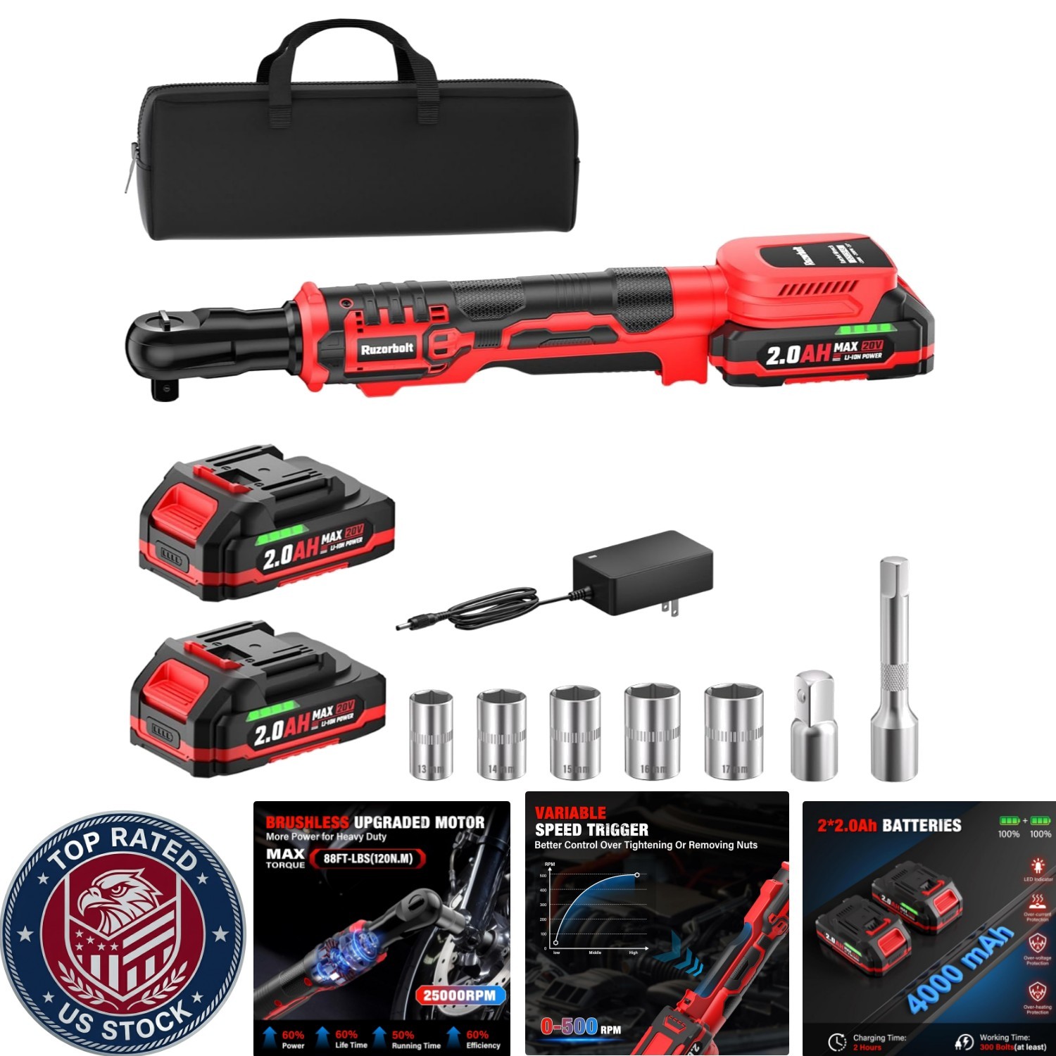 Compact 20V Cordless Ratchet Wrench – 88 Ft-lbs Torque & 2 Batteries Included