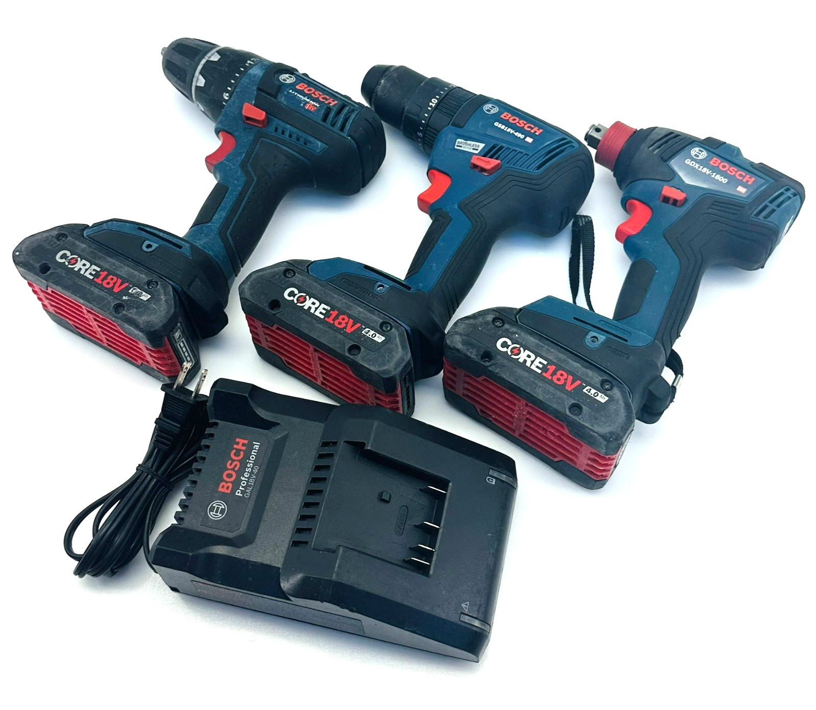 BOSCH GDX18V-1800, GSB18V-490, & Drill/Driver + 3 Batteries & Charger