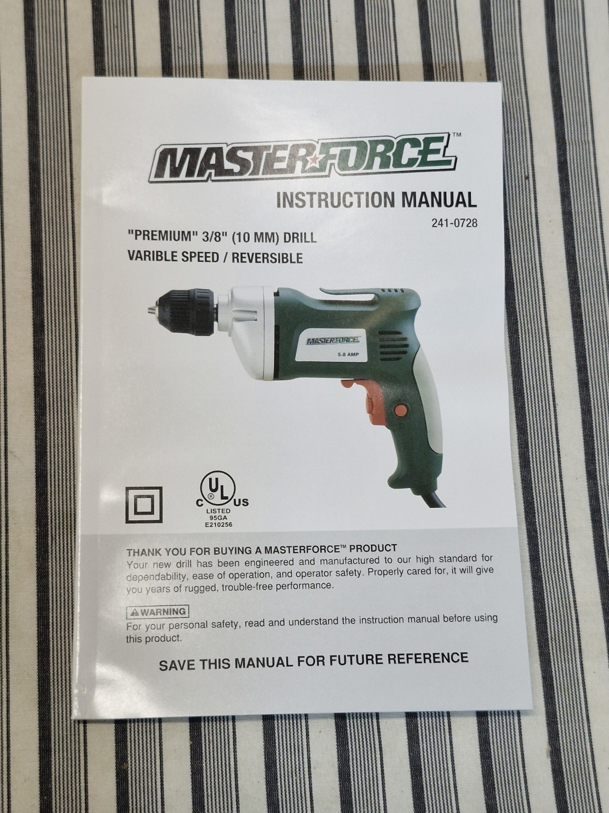 Masterforce 5.8 Amp 3/8&Prime; Variable Speed Reversible Power Drill w/ Case NOB
