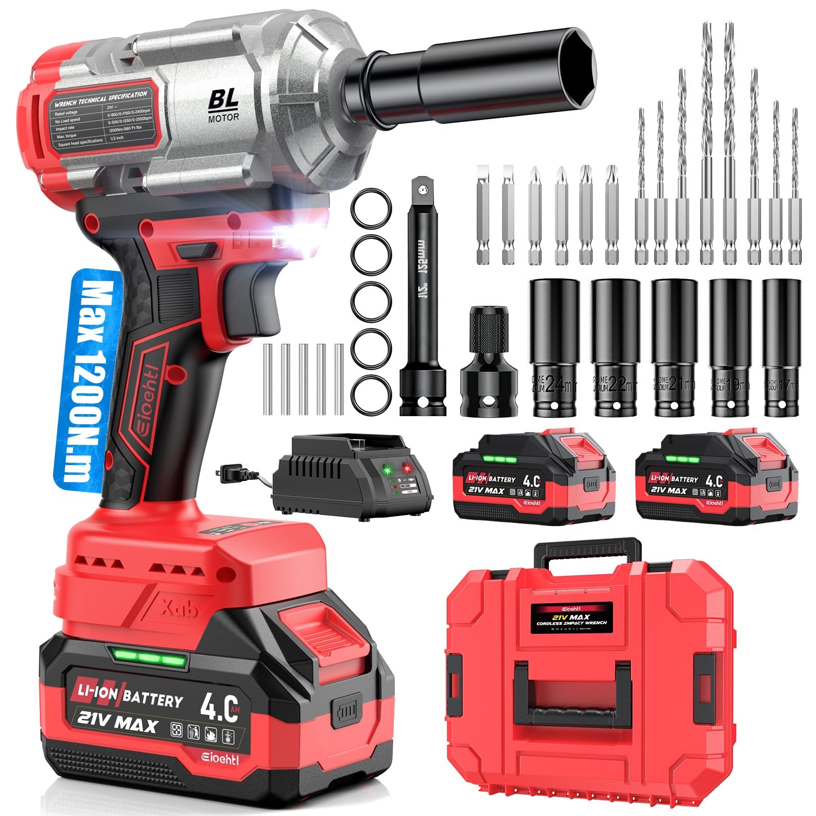 Cordless Impact Wrench 885 Ft-lbs (1200N·m), Brushless 1/2&Prime; High Torque 5500 …