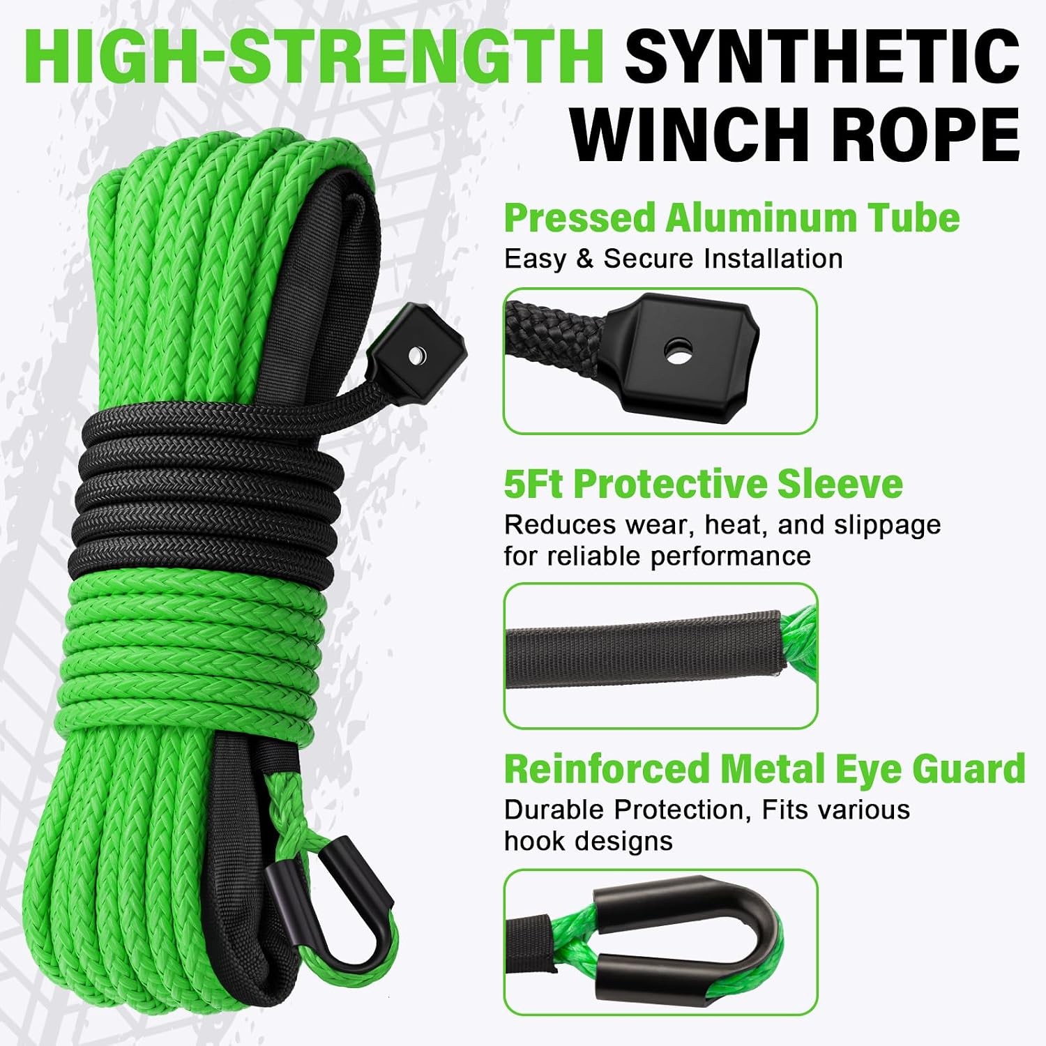 Synthetic Winch Rope Kit 1/4&Prime; x 50&prime; 10000 lb Green Kinetic Recovery Cable ATV