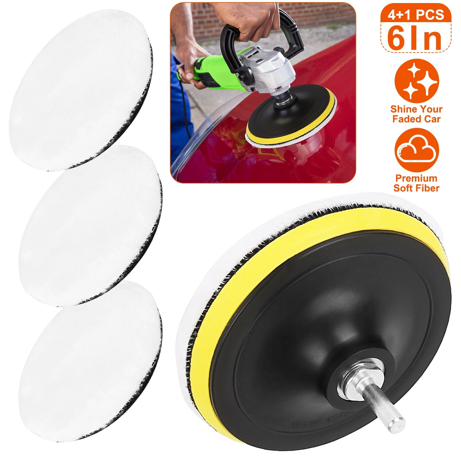 5Pcs 6&Prime; Buffing Polishing Pads Drill Sponge Kit For Car Polisher Drill Adapter