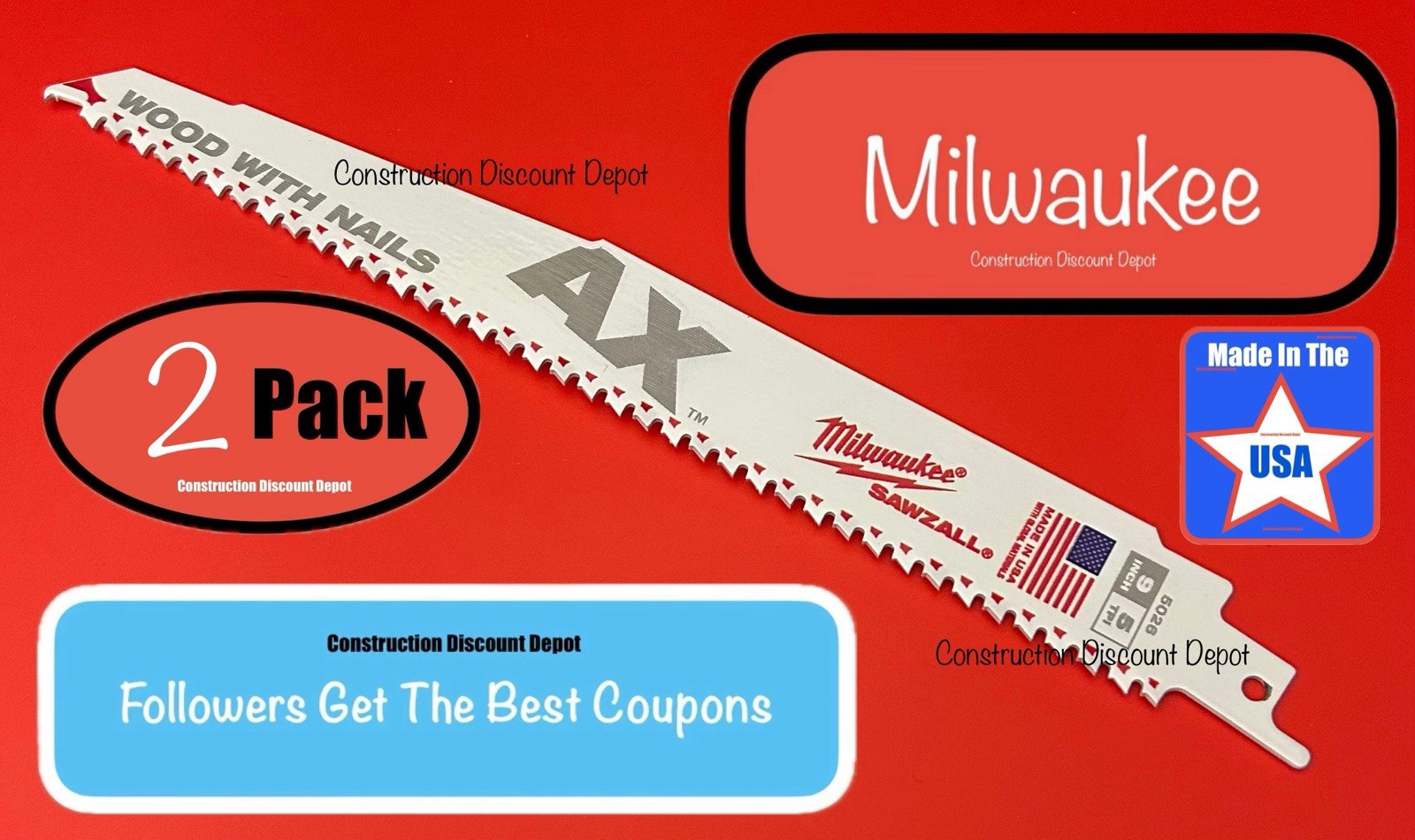 2 Milwaukee 48-00-5026 9&Prime; 5 TPI AX Sawzall WOOD WITH NAILS Saw Blades