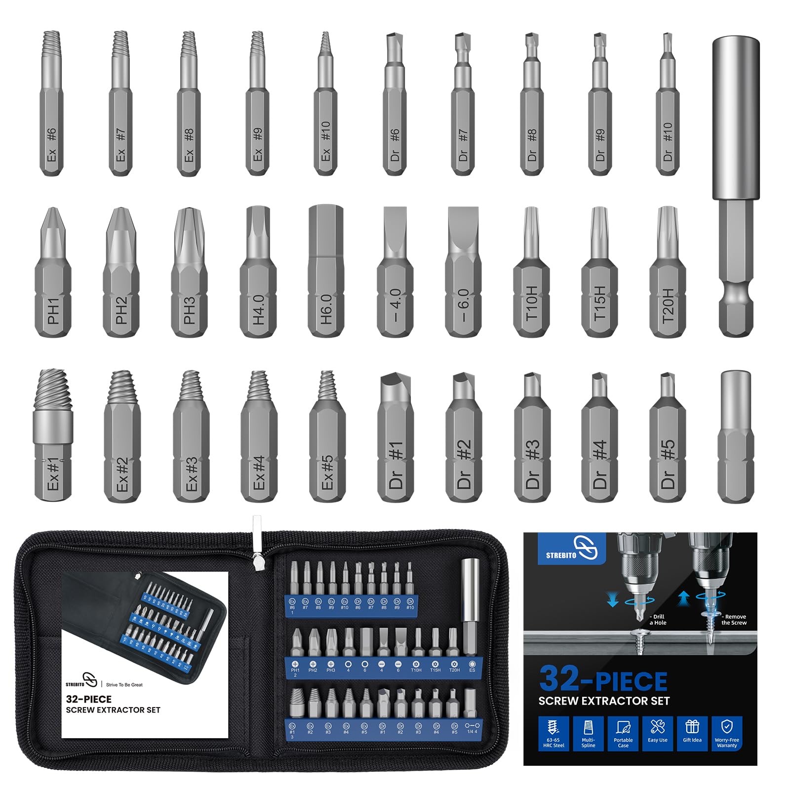 STREBITO 32PCS Screw Extractor Set Stripped Screws, HSS S2 Steel, Black
