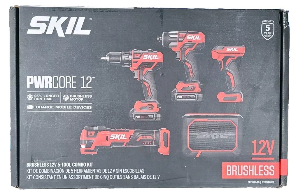 SKIL PWR CORE 12V 5-Tool Brushless Power Tool Combo Kit, CB7368A-20 NEW