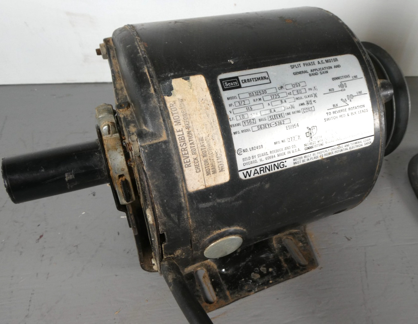 1/2 HP Split Phase Dual Shaft AC Motor 113.12530 With Shaft Protector Reversible