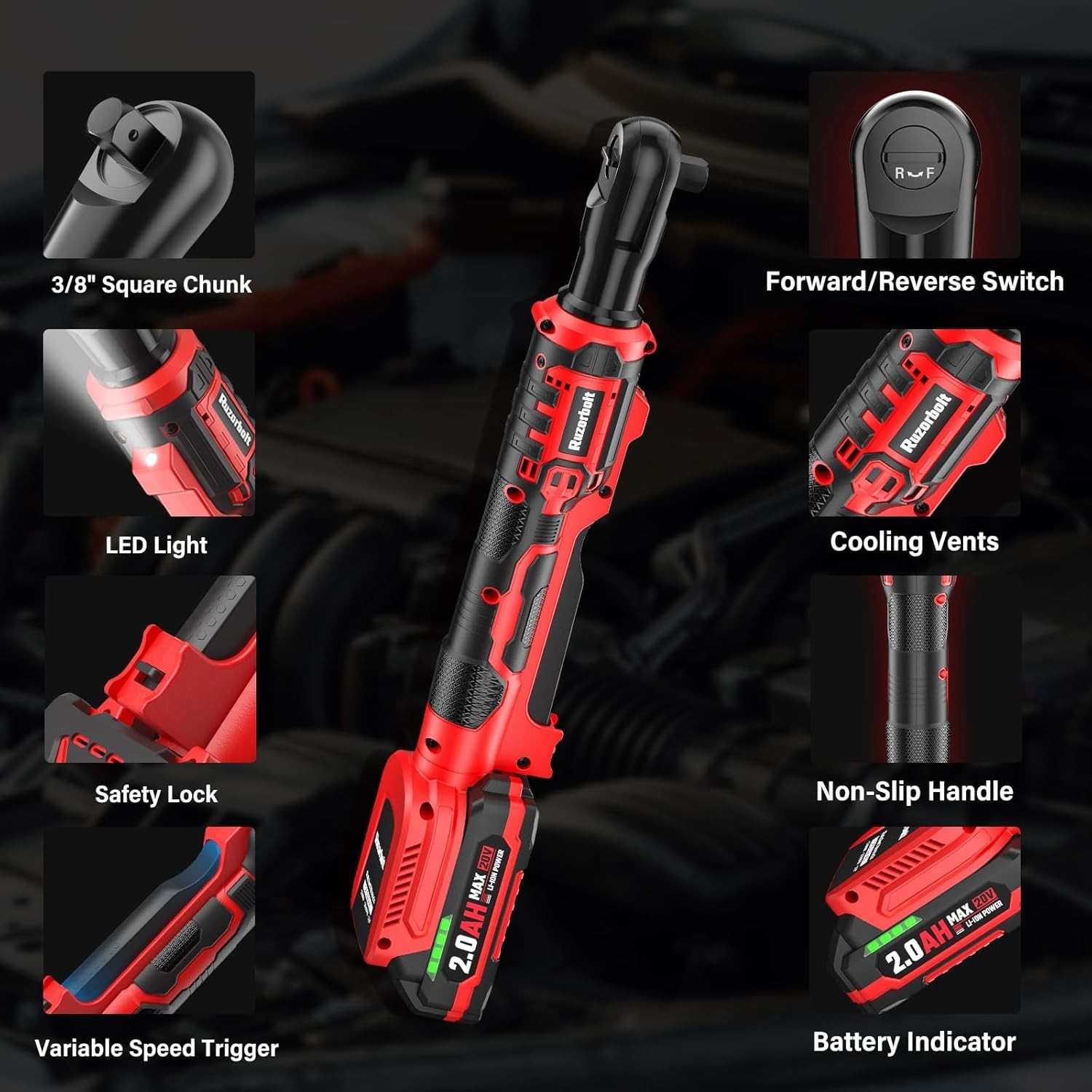 3/8&Prime; Cordless Electric Ratchet Wrench Set, 88 Ft-lbs120N.m, 500 RPM, 20V | 2P…