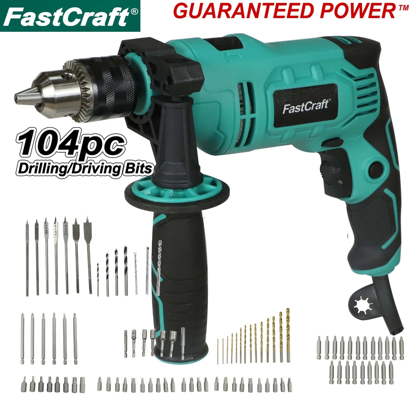 FastCraft Hammer Drill Impact Drill Driver 1/2 Chuck High End 9A PEAK 104pc Bits