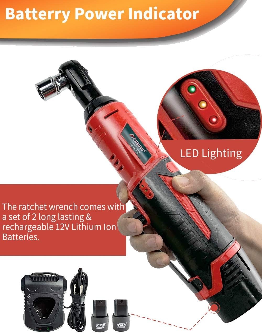 AOBEN Cordless Electric Ratchet Wrench Set 3/8&Prime; 12V Power Ratchet Tool Kit Wi…