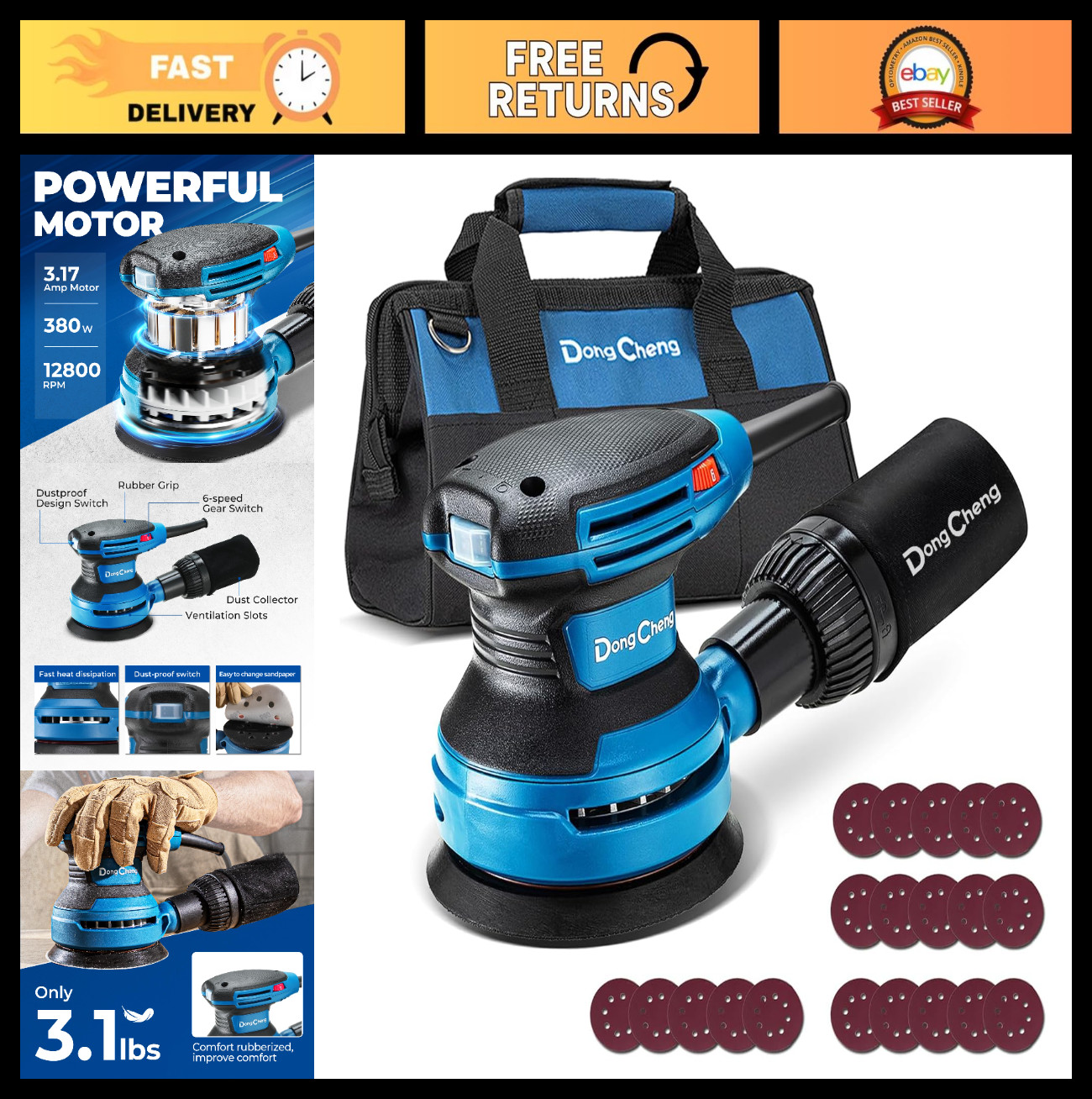 5-Inch Electric Random Orbital Sander 3.2A, 12800 OPM, 6 Speeds, Dust Bag & 20 S