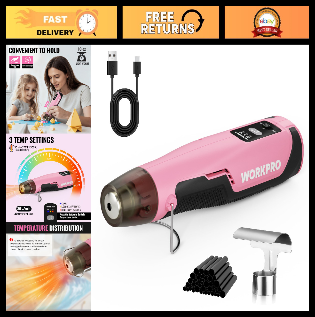 Cordless Mini Heat Gun 7.2V for DIY Crafts, Fast Heating, 3 Temp Settings, USB-C