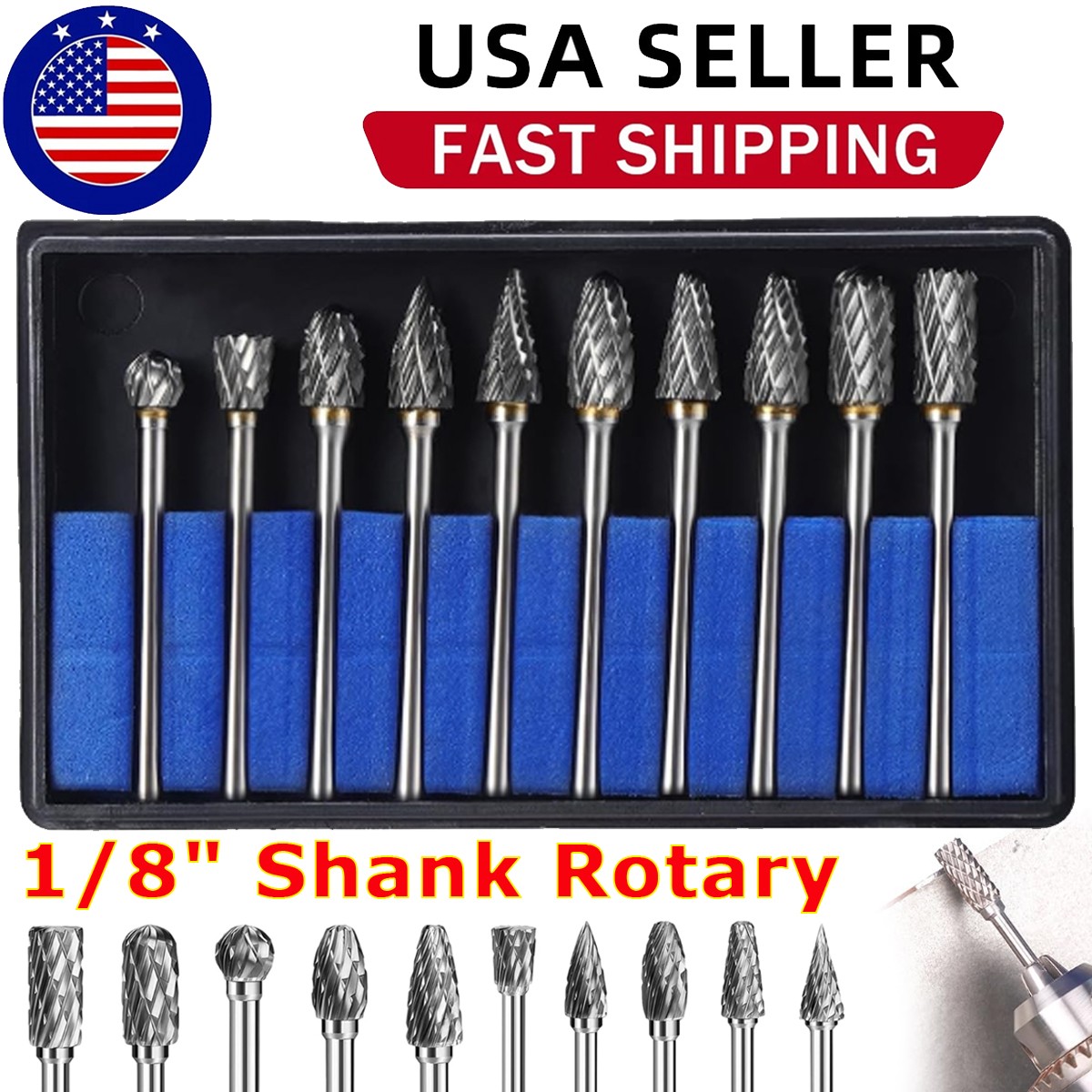10X Tungsten Carbide Burr Bits 1/8&Prime; Shank Cutting Carving For Dremel Rotary Set