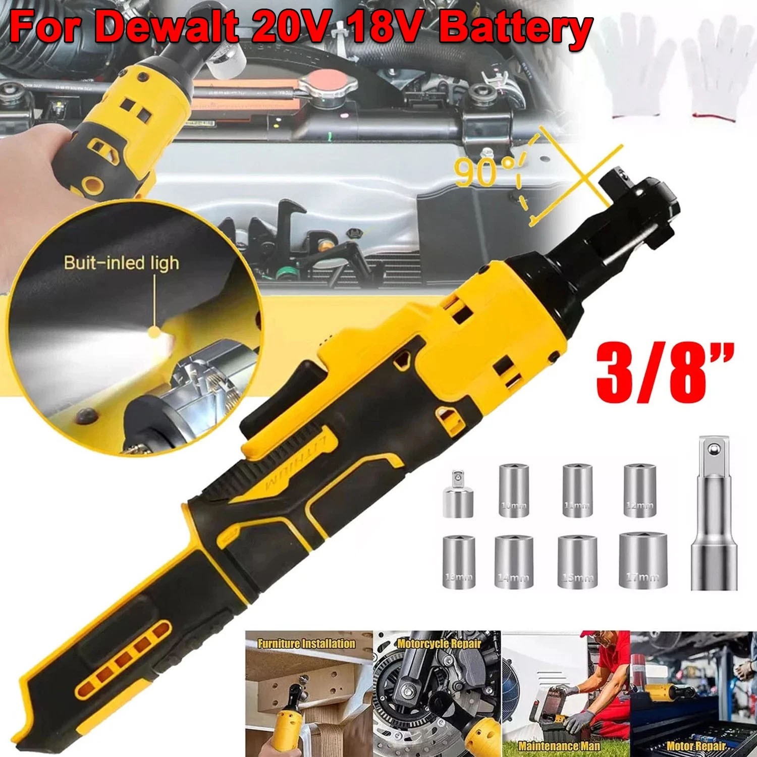 Electric Cordless Ratchet Wrench 3/8&Prime; For DEWALT 20V MAX Battery 70Ft-lbs 580RPM