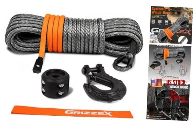 1/4&Prime; x 50ft Synthetic Winch Rope with Forged Hook & Rubber Stopper & Safety