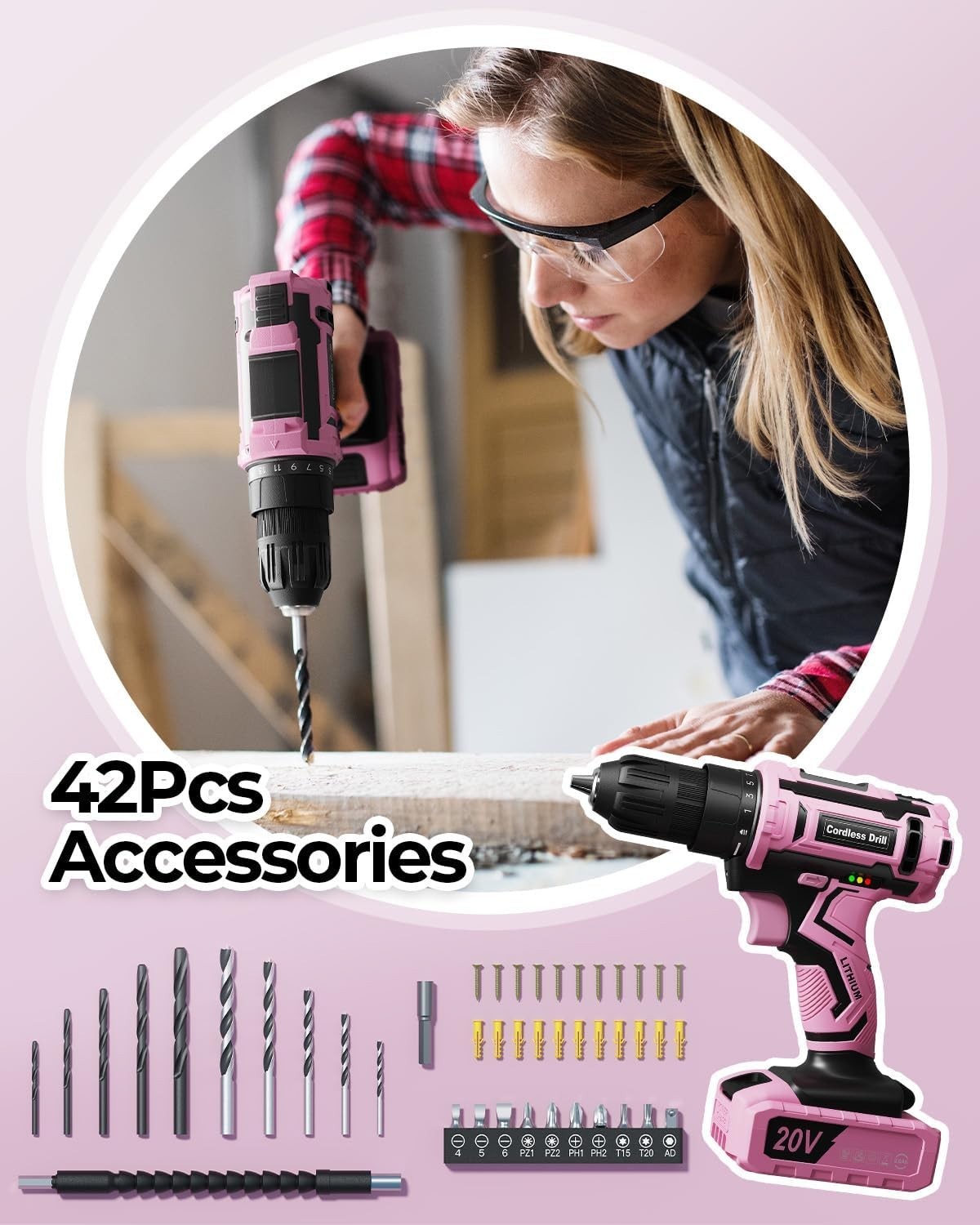 Versatile Pink Cordless Drill with LED Light & Keyless Chuck – Home Essentials