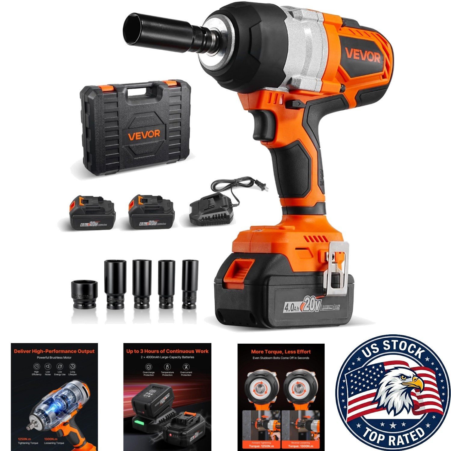 Professional Cordless Impact Wrench 958.8ft-lbs Torque, 3 Speed Settings, 1/2 »