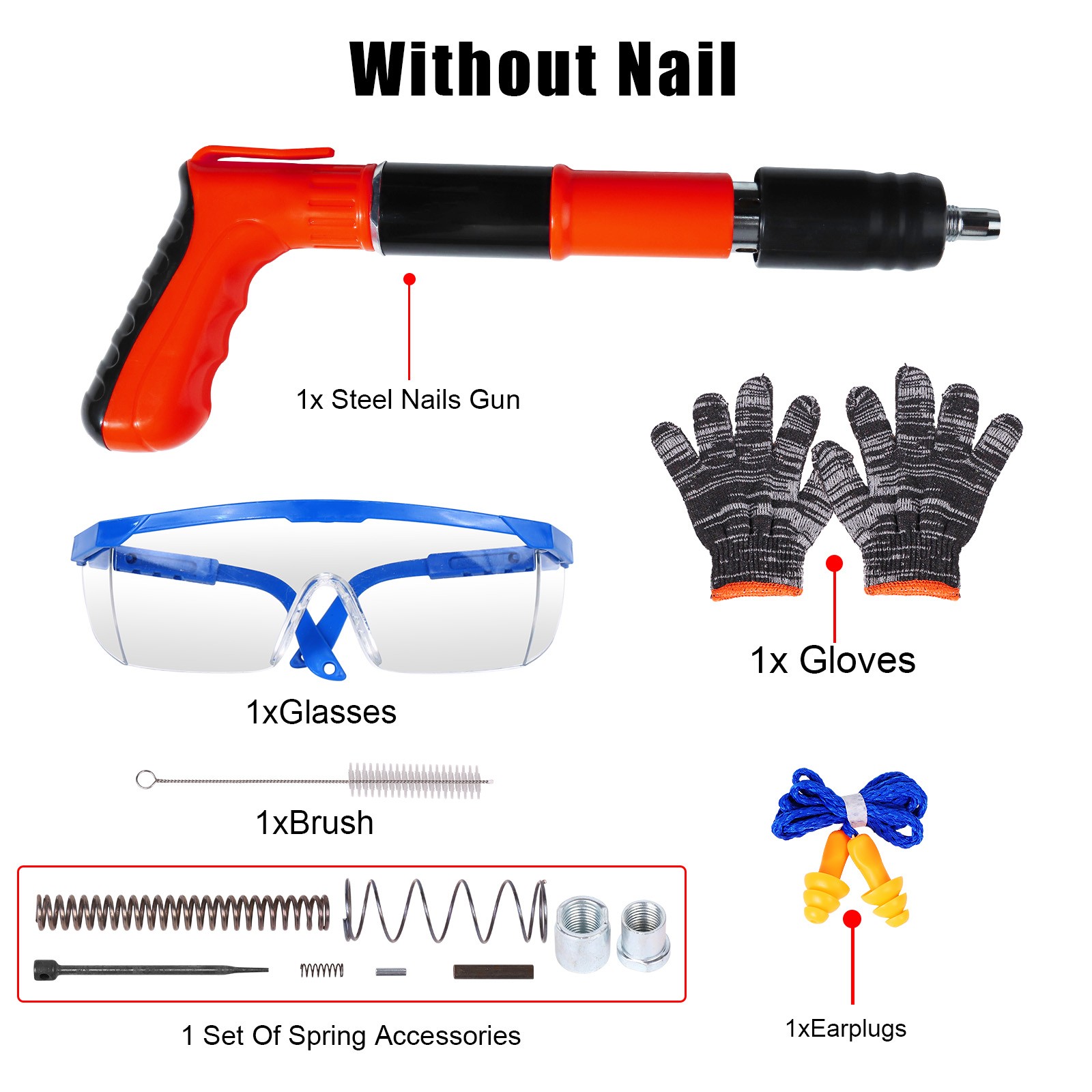 RED Concrete Nail Gun Kit with 50pcs Nails, 5 Speed Adjustable Manual Steel Nail