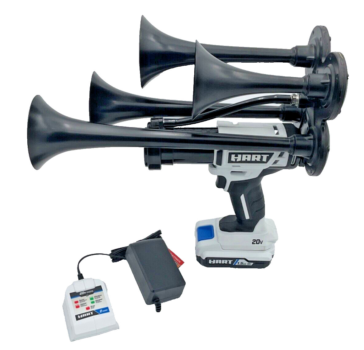 For Hart 20V Drill Train Horn 4 QUAD Black Air Trumpets w/Battery +Charger