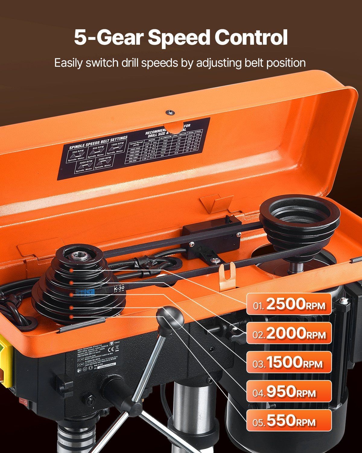 10in Benchtop Drill Press, 6.2A Motor, 5-Speed (650-3100 RPM), 45° Tilting Table