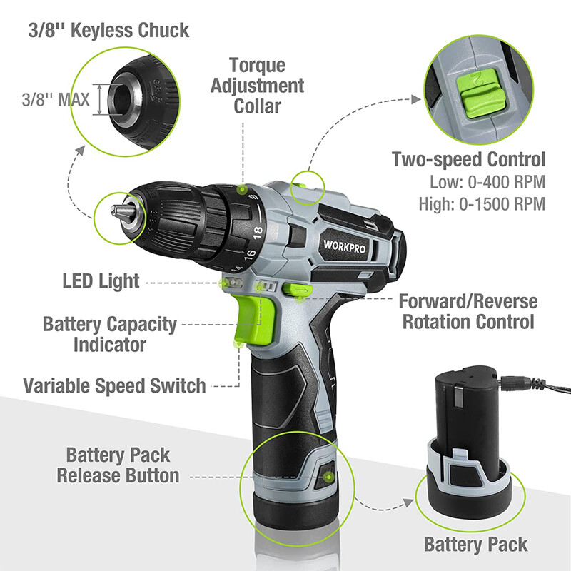 WORKPRO Cordless Drill Driver Kit 12V Electric Screwdriver Driver 3/8 Keyless