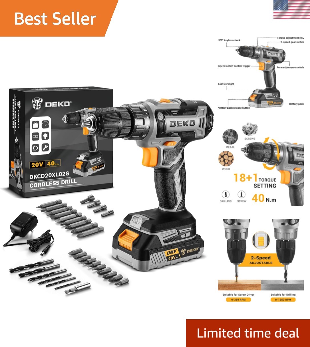Power Drill Cordless: Cordless Drill 20V Electric Power Drills Set Tool Drill…