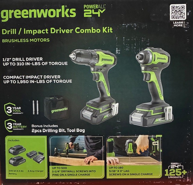 Greenworks 24V MAX Cordless Drill & Impact Driver, Batteries, Charger Combo Kit