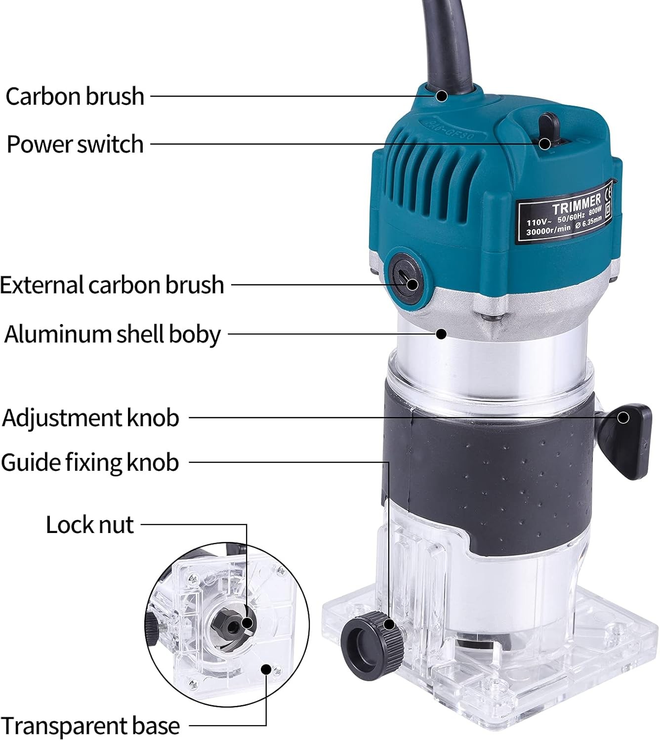 110V 800W Wood Router Tool Compact Electric Hand Trimmer 30000RPM for DIY