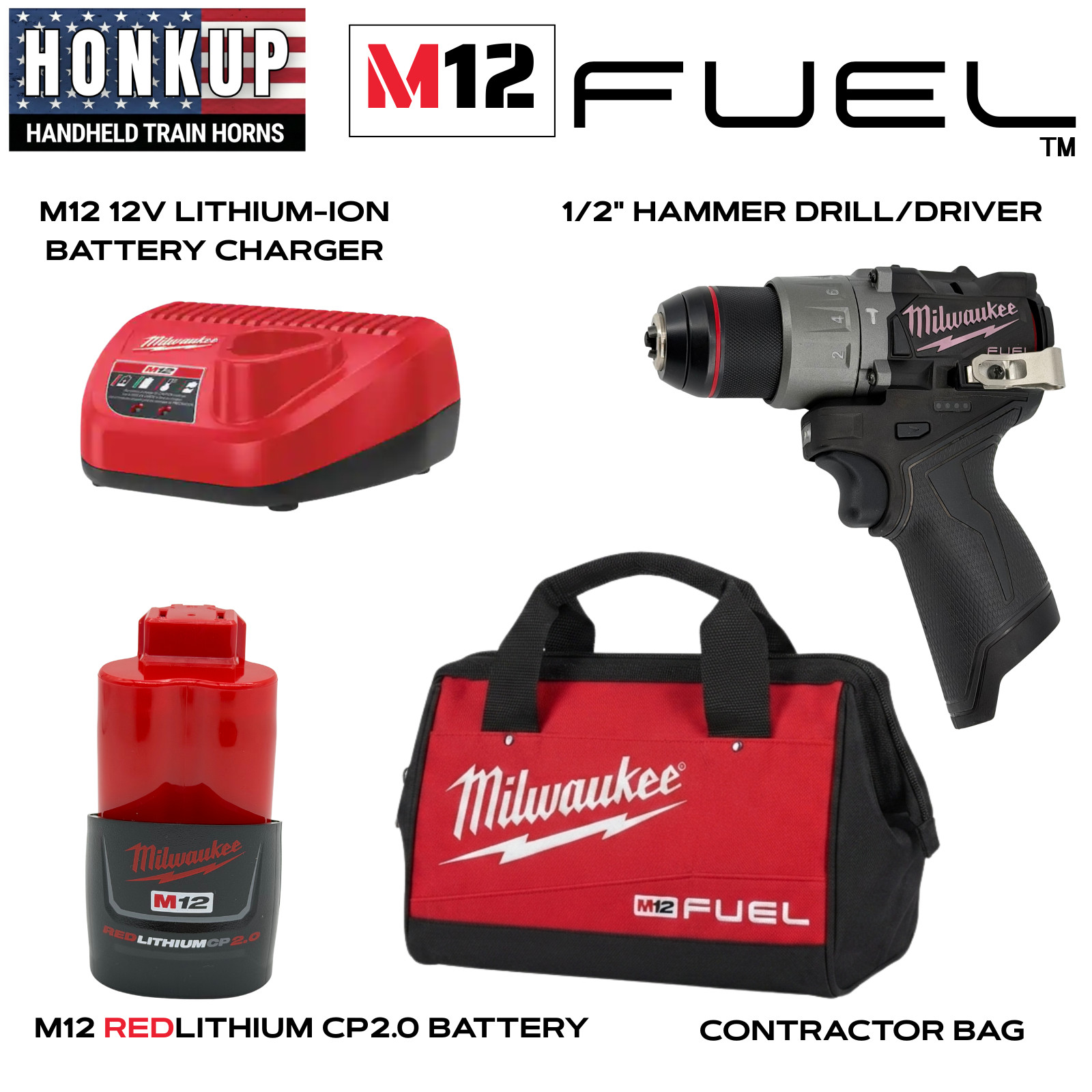 M12 FUEL 1/2&Prime; Hammer Drill Driver 3404-20 Kit w/ CP2.0 Battery, M12 Charger, Bag