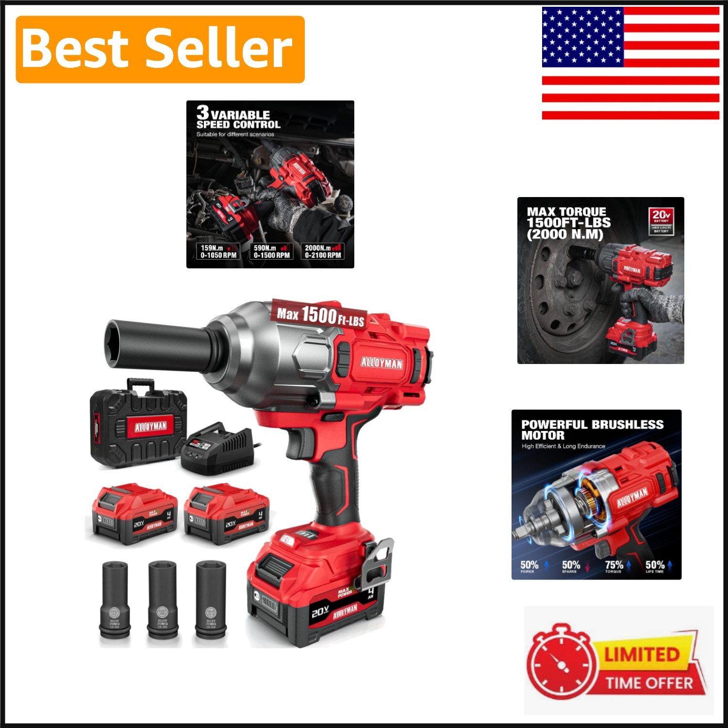 Ergonomic Cordless Impact Wrench 1500 Ft-lbs Torque | Ideal for Stubborn Repairs