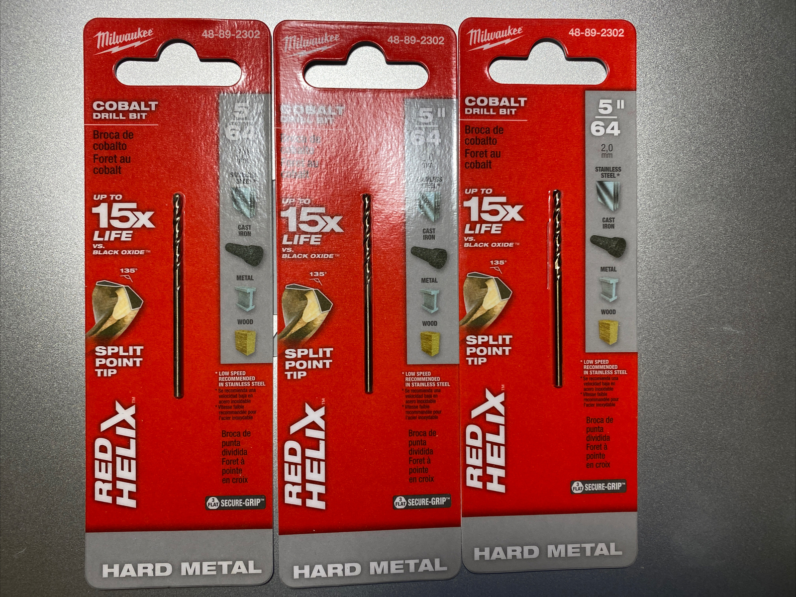 LOT OF 3 MILWAUKEE 48-89-2302 5/64&Prime; COBALT RED HELIX