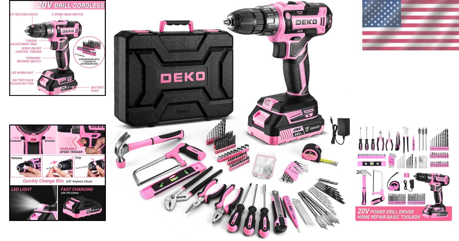 Power Drill Set Pink 20V Cordless Drill Tool Kit with Battery and Toolbox