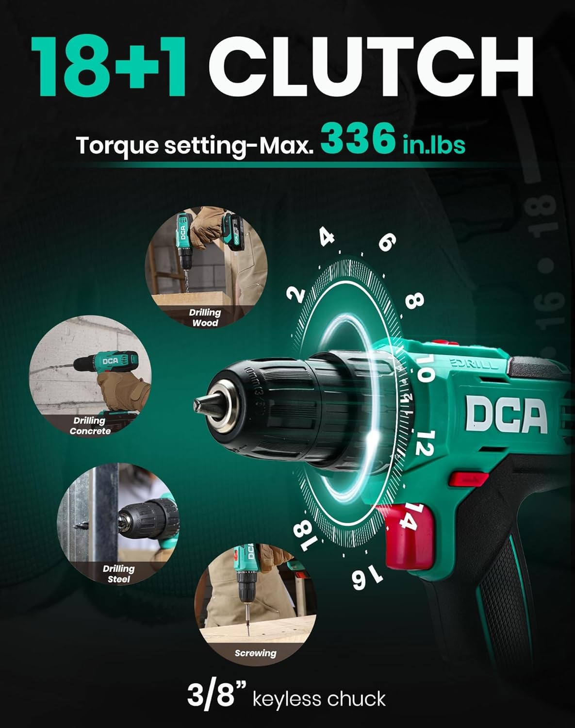 DCA 20V Cordless Drill Driver Kit 2.0A Battery 3/8 » Keyless Chuck 25Pcs Acces