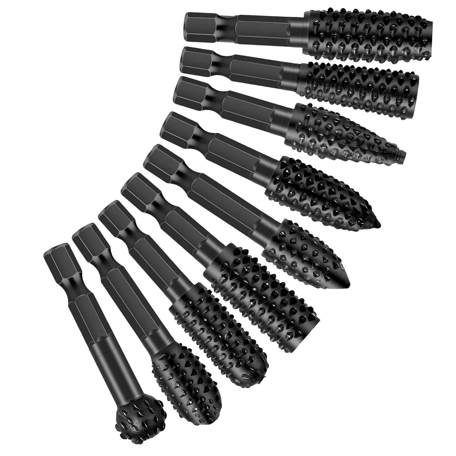 1/4&Prime; 6.35mm Shank Rotary Burr Wood Carving File Rasp Drill Bits Tool 10 pcs Set