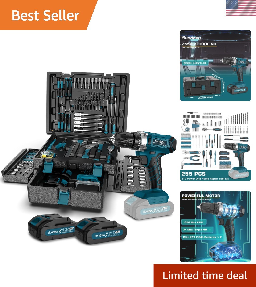 Complete 255-PC Tool Set with 21V Cordless Drill & Dual Rechargeable Batteries