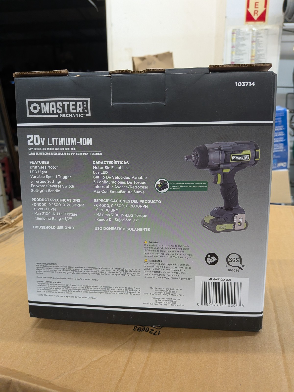 NO BATTERY – Master Mechanic 20V Li-Ion Brushless 1/2&Prime; Impact Wrench Tool 103714
