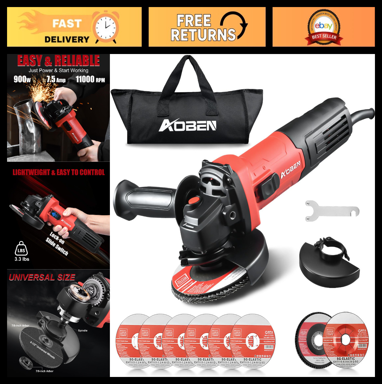 900W 4-1/2&Prime; Angle Grinder | 7.5Amp, 11000 RPM Corded Tool, Safety Guard & Slide