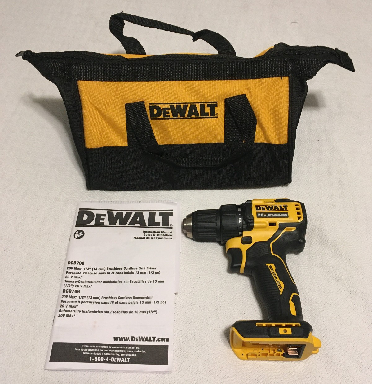 DEWALT DCD708B ATOMIC 20V MAX Brushless Cordless 1/2&Prime; Drill/Driver FREE TOOL BAG