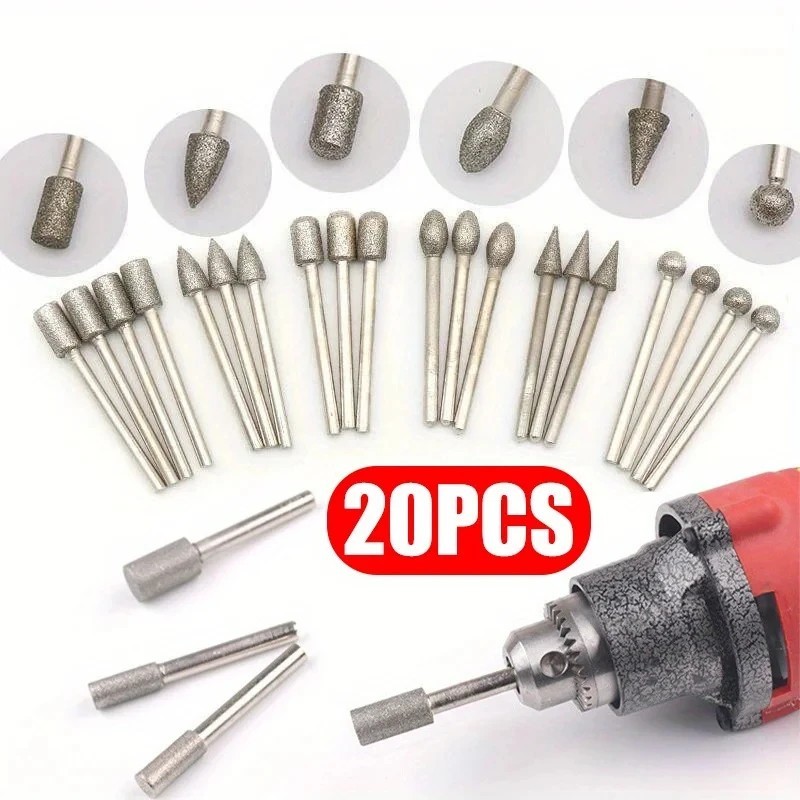 20Pcs 120 Grit Diamond Burr Set Drill Bits Set for Dremel Tool Rotary Grinding