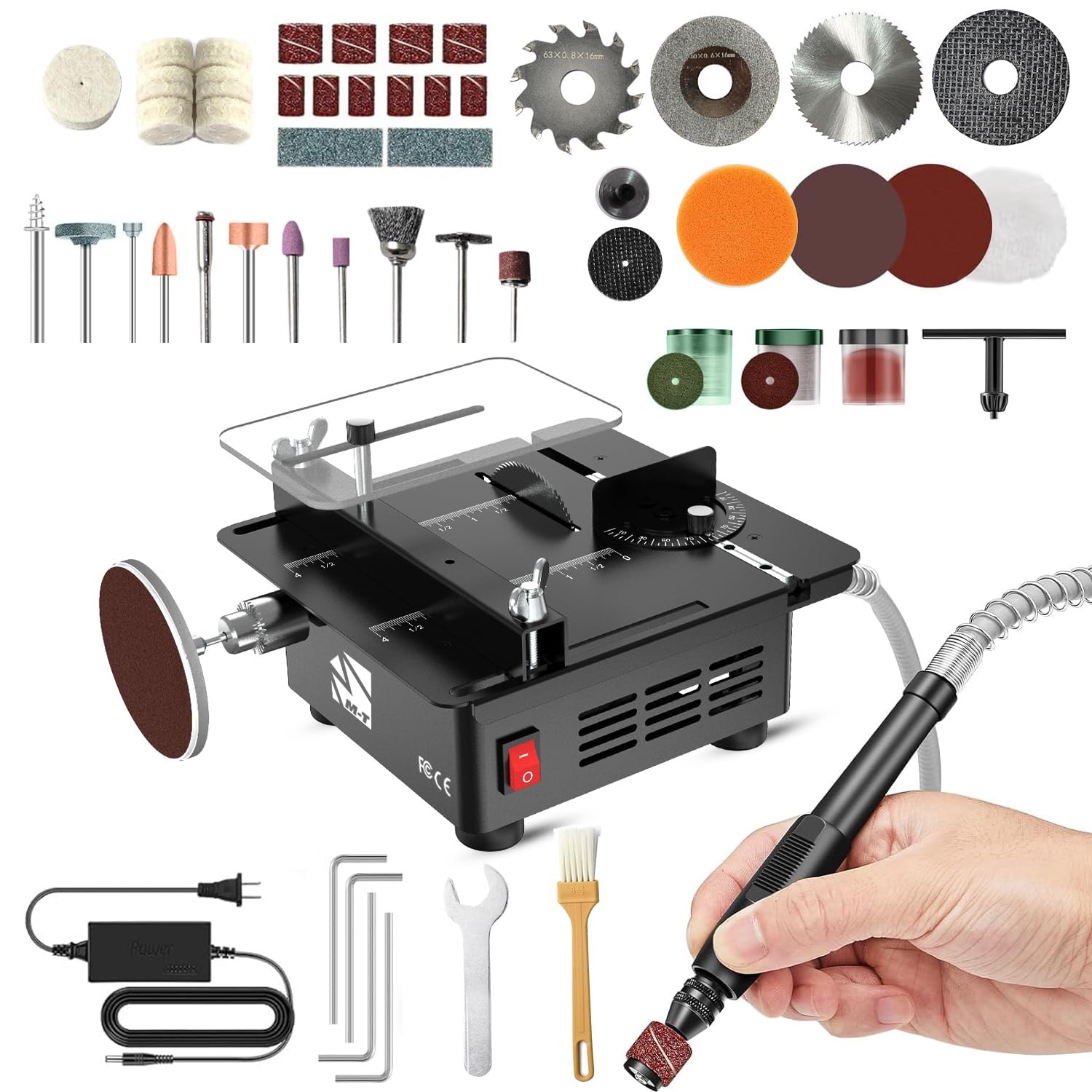 Mini Table Saw for Crafts, 7-Speed Portable Desktop Hobby Saw with 4 Blades, Pre