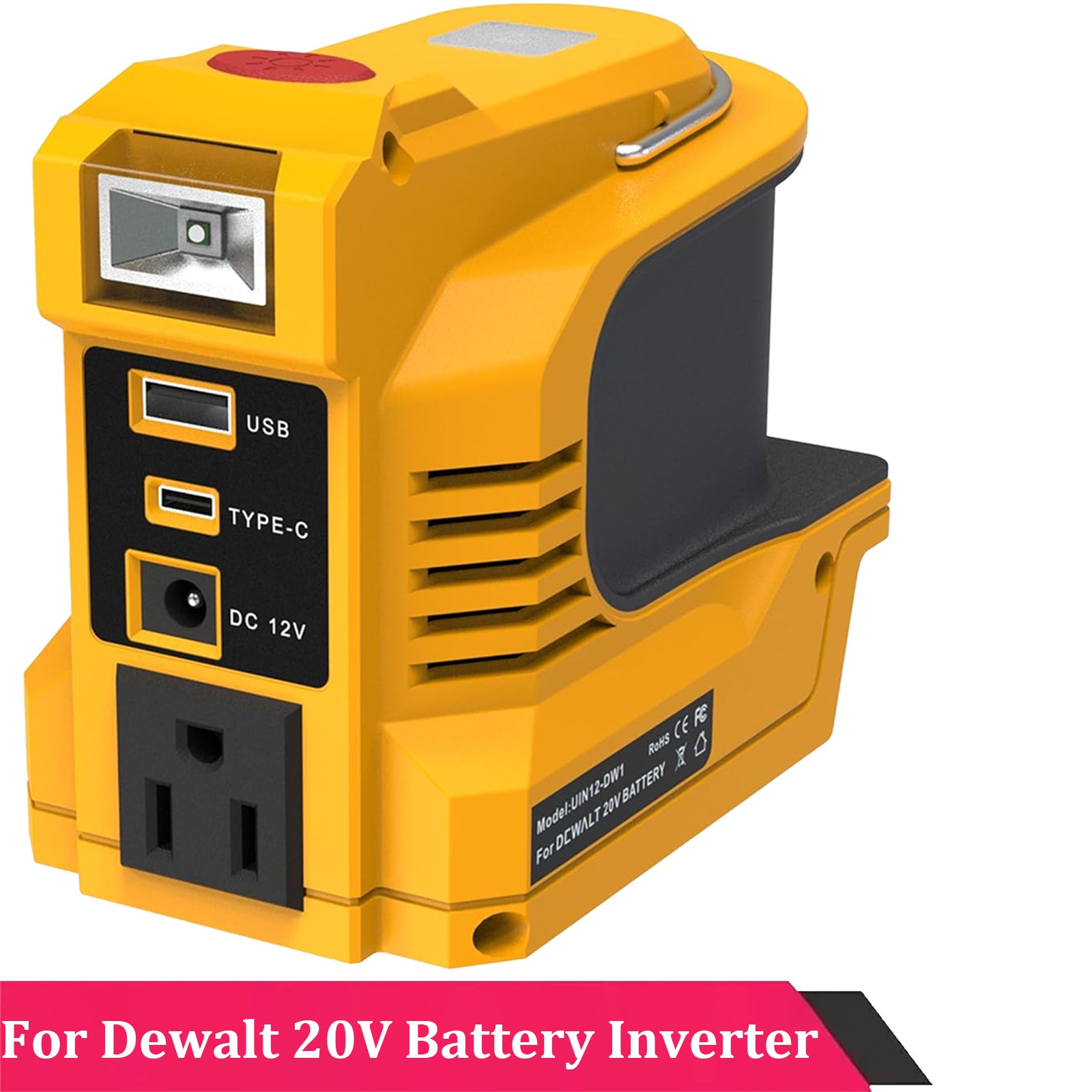 220W Power Inverter for DeWalt 20V Max Battery – USB-C PD 18W LED Light AC 110V