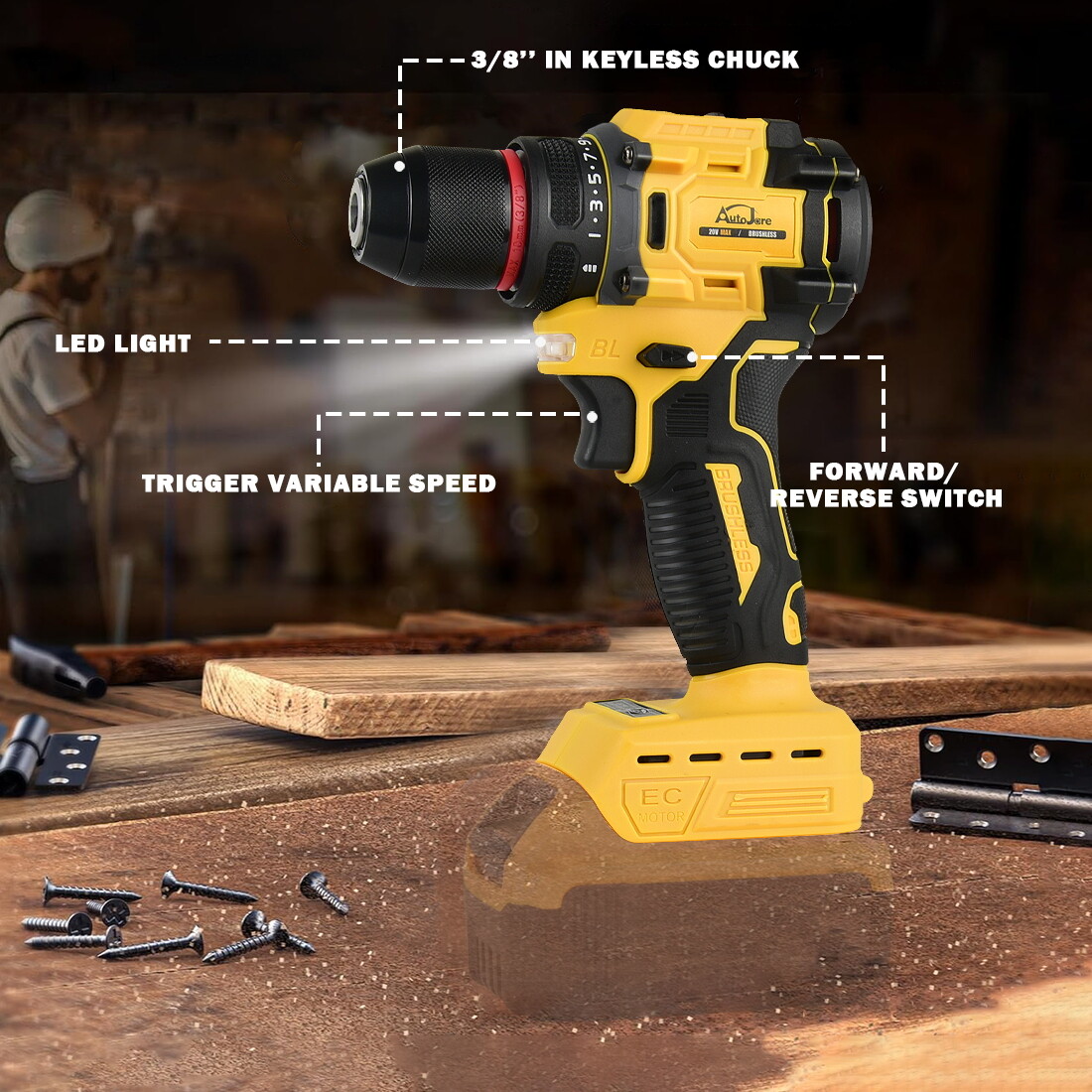 Cordless Brushless 3/8 in. Drill Driver for Dewalt 20V Max Battery TOOL ONLY