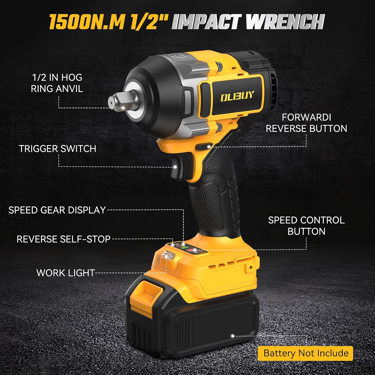Cordless Impact Wrench for De-Walt 20V Battery, 1106Ft-Lbs (1500N.M) 1/2 Electri