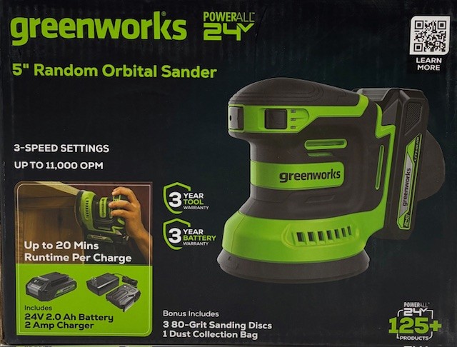 Greenworks 24V, 5&Prime; Orbital Random Sander Kit, 2Ah Battery and Charger Included