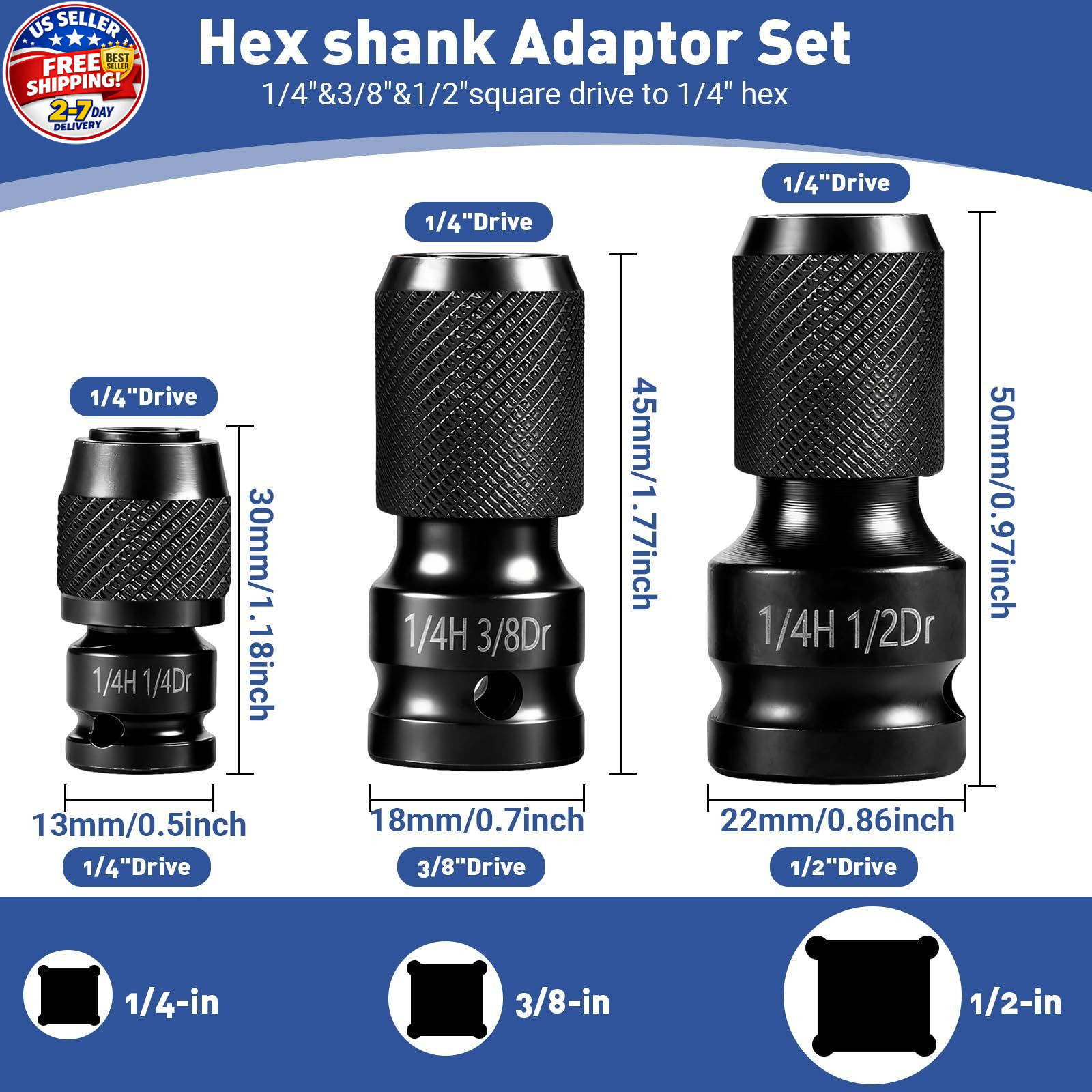 3-Piece Quick Release Impact Bit Holder Set, 1/2&Prime; 3/8&Prime; 1/4&Prime; Square Drive to…