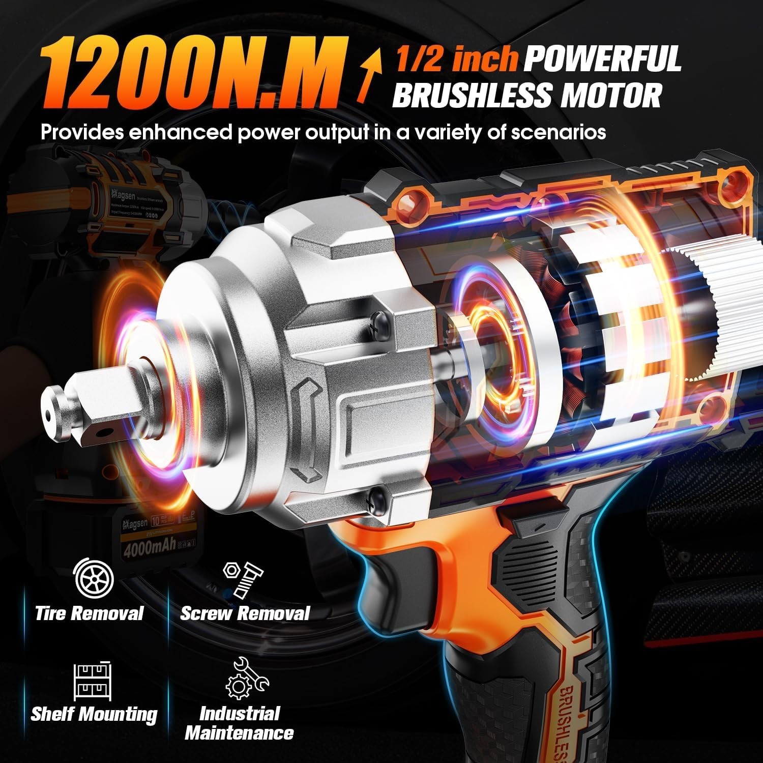 1/2 inch Cordless Impact Wrench, 900Ft-lbs High Torque Brushless Impact Gun,3…