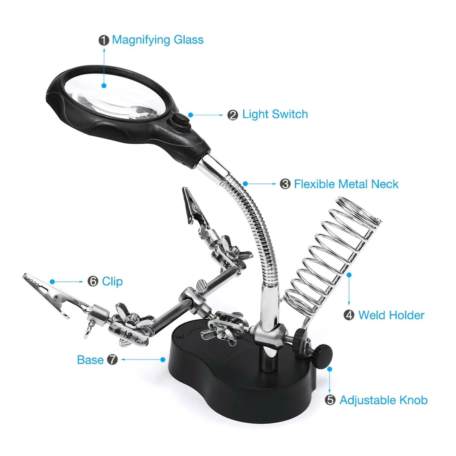 Coiled Soldering Station Holder with 5X Magnifier LED Lights for Hot Iron Safety