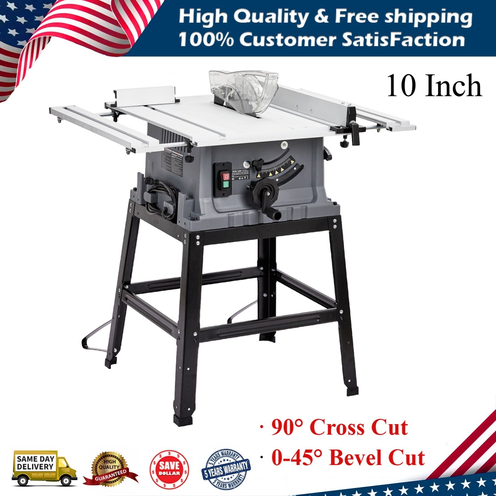 10 Inch Portable Benchtop Table Saw 15 Amp 5000RPM 90° Cross Cut 0-45° Bevel Cut